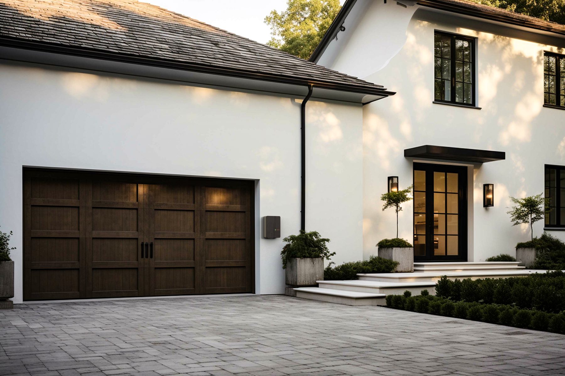 Andersen EV charger in graphite, mounted beside a wooden garage door