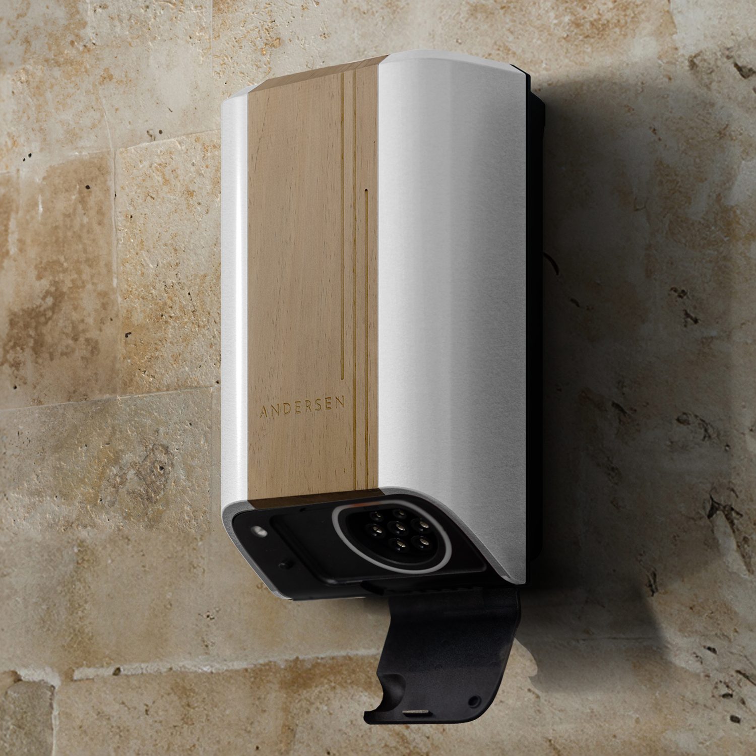 Close-up of an Andersen EV charger in a wood and silver finish